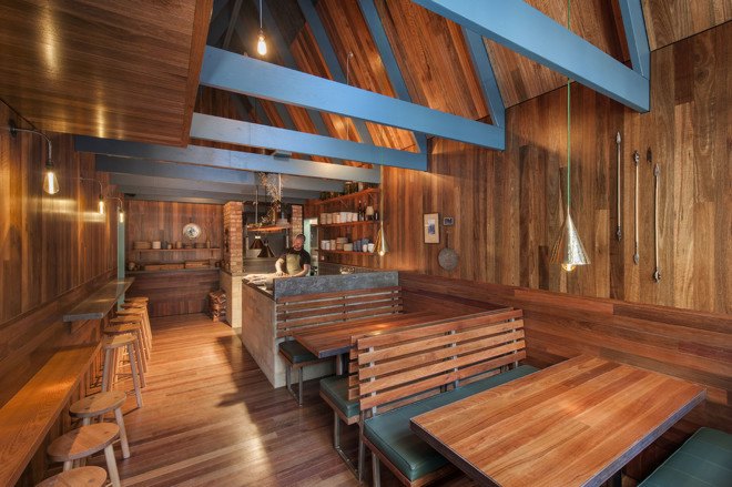 Pink Moon Saloon, Adelaide, Australia, bar and restaurant design, timber building, wooden houses, locally sourced wood, Australian wood, natural light, inner courtyard