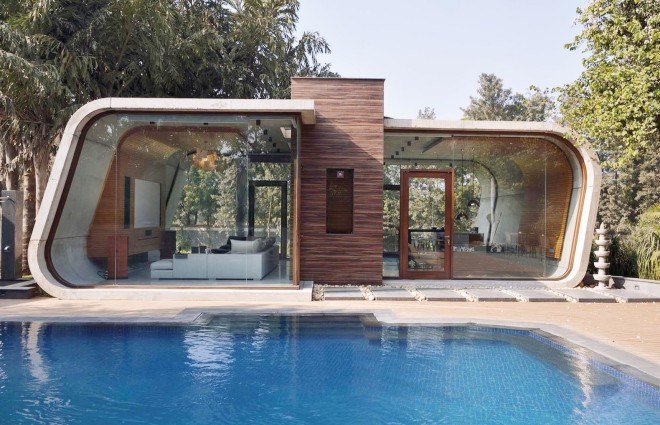 Pool House, 42mm Architecture, Poland, green architecture, swimming pool, wooden cladding, exposed concrete, concrete shell, glass facade