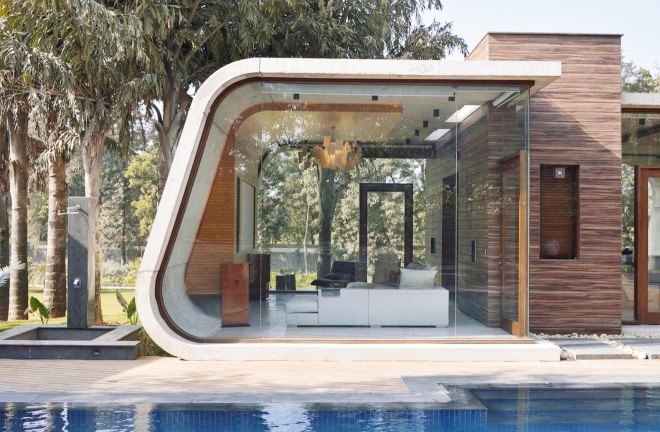 Pool House, 42mm Architecture, Poland, green architecture, swimming pool, wooden cladding, exposed concrete, concrete shell, glass facadev