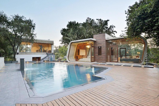 Pool House, 42mm Architecture, Poland, green architecture, swimming pool, wooden cladding, exposed concrete, concrete shell, glass facade