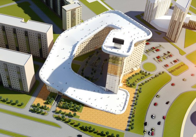 ski slope building, Shokhan Mataibekov, Slalom House, Slalom House by Shokhan Mataibekov, Astana, Kazakhstan architecture, Astana architecture, Snowflex, artificial ski slope, artificial ski slope on residential building, apartment ski slope