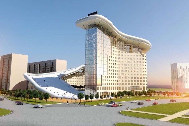 ski slope building, Shokhan Mataibekov, Slalom House, Slalom House by Shokhan Mataibekov, Astana, Kazakhstan architecture, Astana architecture, Snowflex, artificial ski slope, artificial ski slope on residential building, apartment ski slope