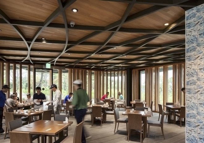 Taekwang Country Club, Taekwang Country Club Café, Mecanoo, golf course, green architecture, canopy, steel roof, natural light