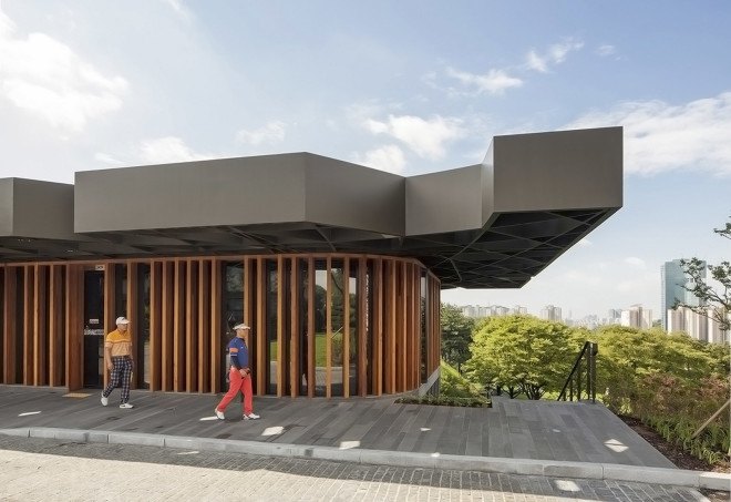 Taekwang Country Club, Taekwang Country Club Café, Mecanoo, golf course, green architecture, canopy, steel roof, natural light