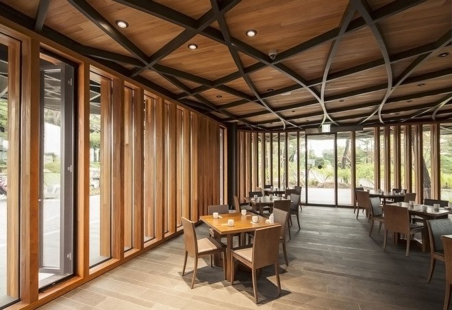Taekwang Country Club, Taekwang Country Club Café, Mecanoo, golf course, green architecture, canopy, steel roof, natural light