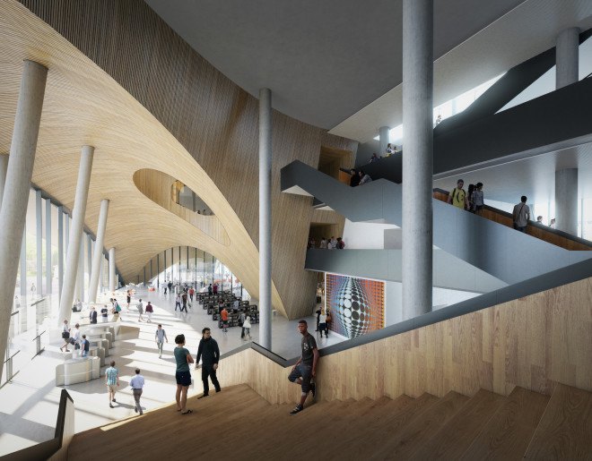 Snøhetta, Temple University, Temple University library, Temple University library by Snøhetta, library design, library designs by Snøhetta, library architecture, atrium, Stantec, automated book retrieval system, pleated glass, green roof, Philadelphia, Philadelphia Civic Design Review