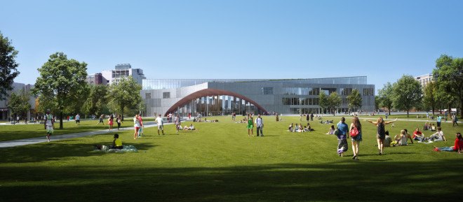 Snøhetta, Temple University, Temple University library, Temple University library by Snøhetta, library design, library designs by Snøhetta, library architecture, atrium, Stantec, automated book retrieval system, pleated glass, green roof, Philadelphia, Philadelphia Civic Design Review