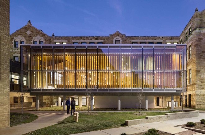 LEED Platinum, Forum, The Forum by Studio 804, Studio 804, LEDs, water reclamation, recycled materials, living wall, University of Kansas School of Architecture, architecture student project, design build, motorized dampers, louvers, sun tracking, rooftop weather station, solar panels, jury room