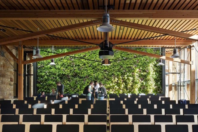LEED Platinum, Forum, The Forum by Studio 804, Studio 804, LEDs, water reclamation, recycled materials, living wall, University of Kansas School of Architecture, architecture student project, design build, motorized dampers, louvers, sun tracking, rooftop weather station, solar panels, jury room