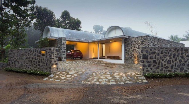 The Walls and Vaults House, India architecture, LIJO.RENY.architects, passive cooling, passive house, stone walls, granite, green architecture, multi-generational home, tropical plants