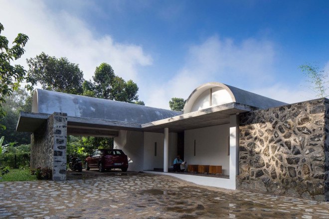 The Walls and Vaults House, India architecture, LIJO.RENY.architects, passive cooling, passive house, stone walls, granite, green architecture, multi-generational home, tropical plants