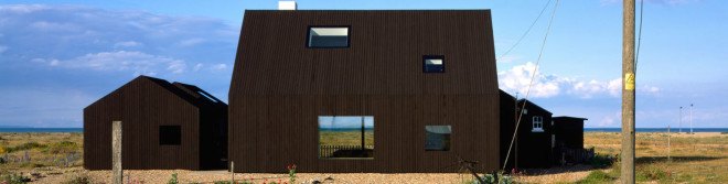 Dungeness, black-stained timber, black cabins, glazed corridor, Rodić Davidson Architects, North Vat, North Vat by Rodić Davidson Architects, skylights, larch cabin, black stained larch, Kent,