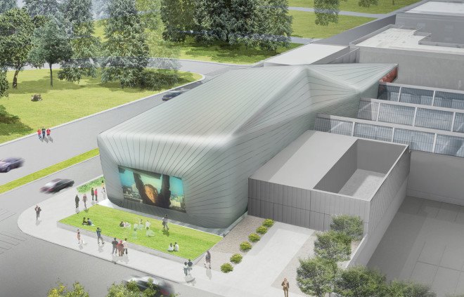 Diller Scofidio + Renfro, UC Berkeley Art Museum Pacific Film Archive, California, metal cladding, Toyo Ito, museum space, art galleries, multi-use space, peroformance space, outdoor plaza, green addition