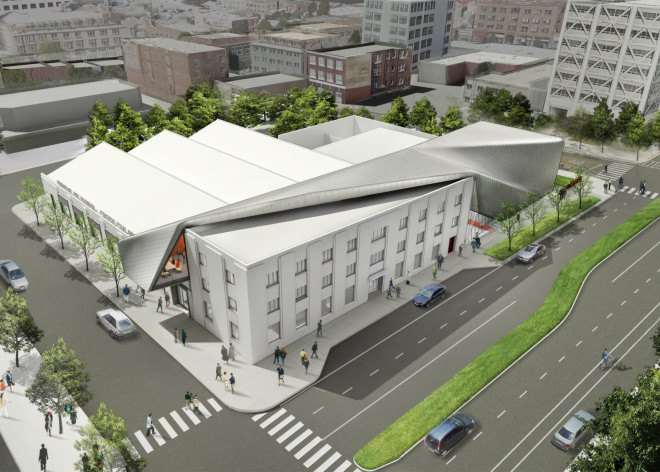 Diller Scofidio + Renfro, UC Berkeley Art Museum Pacific Film Archive, California, metal cladding, Toyo Ito, museum space, art galleries, multi-use space, peroformance space, outdoor plaza, green addition