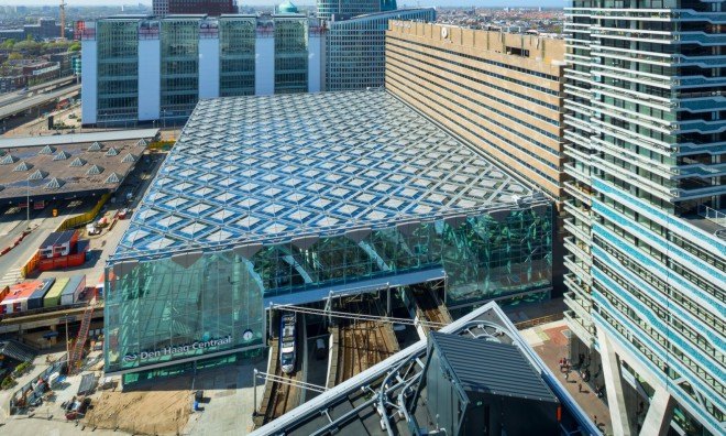 Benthem Crouwel Architects, Den Haag Centraal station, Hague railway roof, diamond shaped roof, glass roof, architecture, amsterdam train station, train station design, architecture, green design, sustainable design,