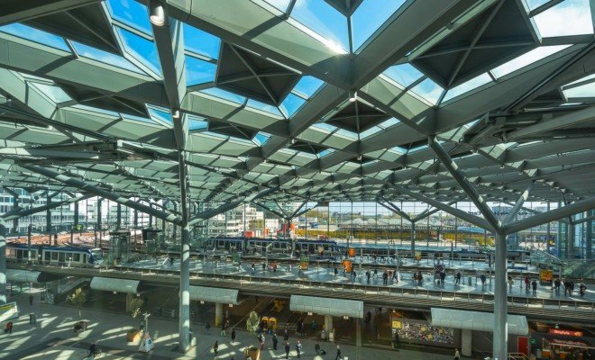 Benthem Crouwel Architects, Den Haag Centraal station, Hague railway roof, diamond shaped roof, glass roof, architecture, amsterdam train station, train station design, architecture, green design, sustainable design,