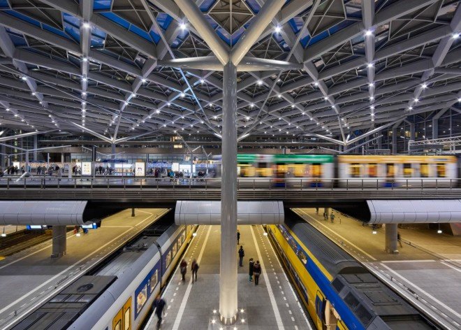 Benthem Crouwel Architects, Den Haag Centraal station, Hague railway roof, diamond shaped roof, glass roof, architecture, amsterdam train station, train station design, architecture, green design, sustainable design,