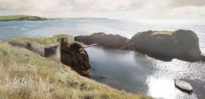 Burgh Island hotel, Green-roofed hotel, Pool House, Burgh Island hotel competition, Carmody Groarke, RIBA competition, saltwater pool, luxury resort, green roof