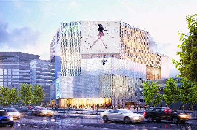 MVRDV, Chongwenmen M-Cube, Beijing, Beijing architecture, shopping mall, pearlescent, pearlescent facade, Jacob van Rijs, bespoke tiles, pearlescent tiles, iridescent facade, atrium