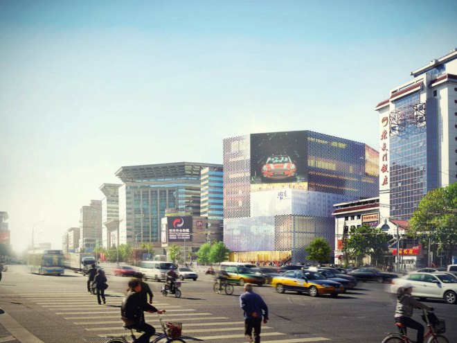 MVRDV, Chongwenmen M-Cube, Beijing, Beijing architecture, shopping mall, pearlescent, pearlescent facade, Jacob van Rijs, bespoke tiles, pearlescent tiles, iridescent facade, atrium