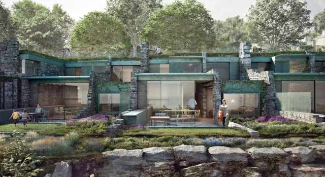 Clifftops Cove Holiday Park, Morrow + Lorraine Architects, Unesco-protected site in England, Dorset island holiday homes, rustic holiday homes in Dorset, Portland stone homes in England, heritage site architecture, grass-covered homes, Jurassic clifftop,
