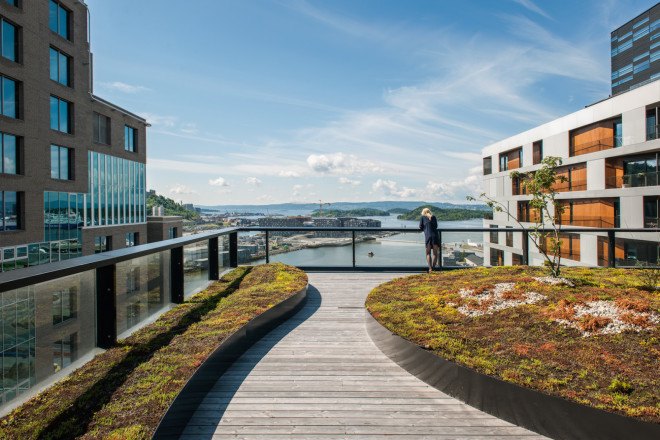 DnB West-Building by Dark, Barcode development, green roofs, roof terrace, Barcode Norway, Norway, mixed use development, Oslo, Oslo architecture, Barcode Architecture, Dark, West-Building, DnB west building, DnB headquarters at Barcode, green roofed architecture, terraced architecture