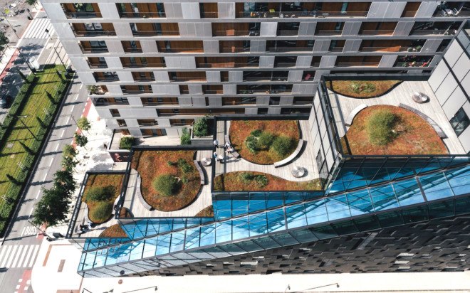 DnB West-Building by Dark, Barcode development, green roofs, roof terrace, Barcode Norway, Norway, mixed use development, Oslo, Oslo architecture, Barcode Architecture, Dark, West-Building, DnB west building, DnB headquarters at Barcode, green roofed architecture, terraced architecture