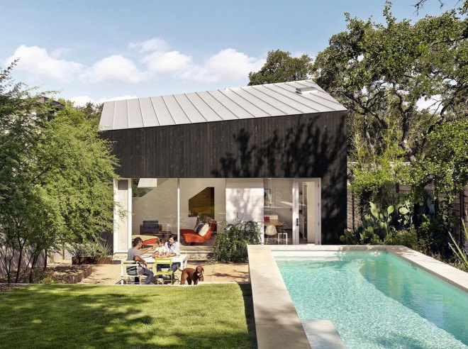 Austin, bungalow renovation, Texas architecture, solar-powered bungalow, natural ventilation, swimming pool, Alterstudio Architecture, green renovation, solar panels, rainwater harvesting