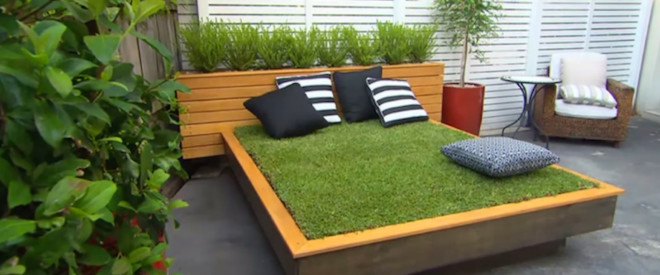 Jason Hodges, Grass Daybed, diy yard tips, how to make a grass bed, how to make a grass daybed, grass daybed from Australia, australian landscape gardener, Better Homes & Gardens, diy grass bed, diy garden furniture, make your own bed, landscape art, yard art, grass daybed made with wood pallets
