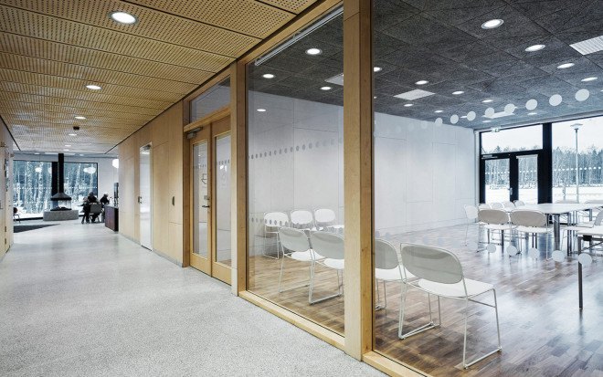 Tengbom, Tengbom Architects, fire-resistant architecture, floor-to-ceiling windows, OrganoWood, trail center, patina, green roof, sedum roof,