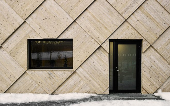 Tengbom, Tengbom Architects, fire-resistant architecture, floor-to-ceiling windows, OrganoWood, trail center, patina, green roof, sedum roof,
