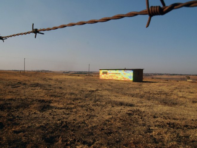 r1, recycled CDs, Sound of Light by r1, Randfontein, site specific art, temporary art, art installation, Randfontein art, CD art installation, recycled materials,