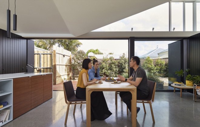 MO-DO architects, Tunnel House, Australia, renovated cottage, green renovation, courtyard, pavilion, courtyard house, butterfly roof, salvaged brick, salvaged building materials, light-filled, green architecture