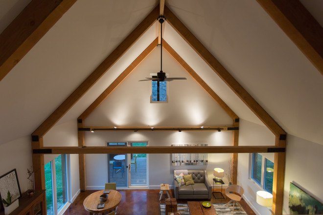 Griffin house interior, vaulted ceilings, cathedral ceilings, A-frame ceilings, gabled ceilings, Acre Designs, net-zero house, prefab house, automated house,