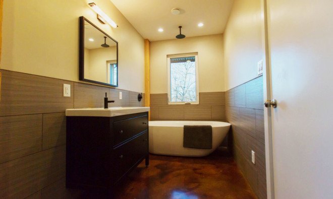Acre Designs, net-zero house, prefab house, automated house, energy efficient house, solar panels, architecture, design, bathroom, Griffin House bathroom