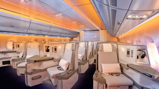 Airbus, Airbus A350 XWB, A350 XWB, travel, airline, airplane, flight, plane flight, LED lights, LED lighting, LED technology, LED, circadian rhythms, jet lag, Finnair, sunset