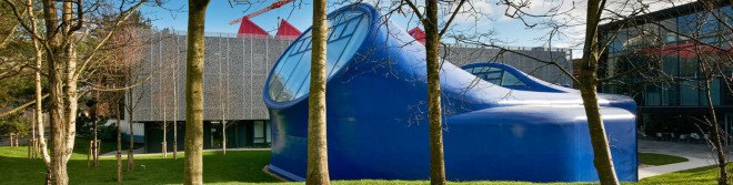 Arts University Bournemouth, Peter Cook, drawing studio, CRAB Studio, UK, university campus, prefab building, steel cladding, steel panels, skylights, natural light