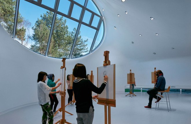 Arts University Bournemouth, Peter Cook, drawing studio, CRAB Studio, UK, university campus, prefab building, steel cladding, steel panels, skylights, natural light