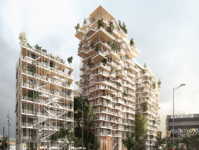 Sou Fujimoto Architects, Laisné Roussel, timber tower, green tower, wooden tower, France, cross-laminated timber, green architecture, vertical garden, elevated walkways