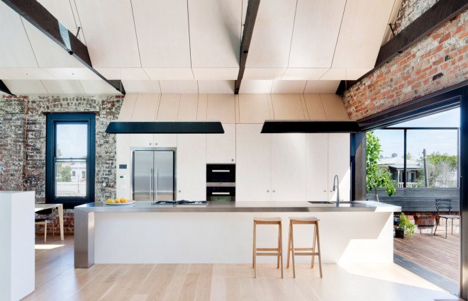 warehouse conversion, warehouse renovation, Melbourne, Andrew Simpson Architects, green renovation, natural light, skylights, red brick warehouse, green architecture, exposed ceiling, flexible layout