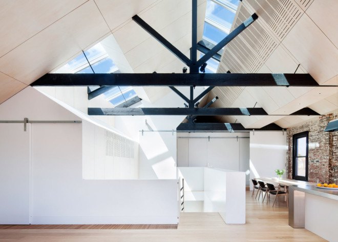 warehouse conversion, warehouse renovation, Melbourne, Andrew Simpson Architects, green renovation, natural light, skylights, red brick warehouse, green architecture, exposed ceiling, flexible layout