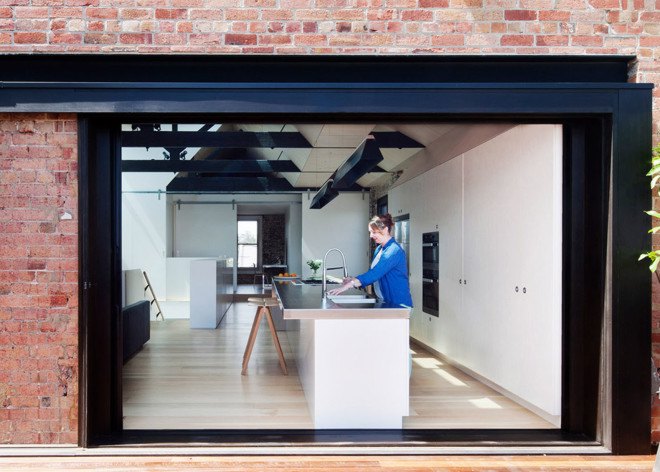 warehouse conversion, warehouse renovation, Melbourne, Andrew Simpson Architects, green renovation, natural light, skylights, red brick warehouse, green architecture, exposed ceiling, flexible layout