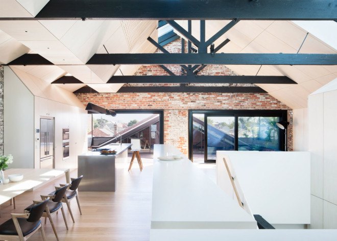 warehouse conversion, warehouse renovation, Melbourne, Andrew Simpson Architects, green renovation, natural light, skylights, red brick warehouse, green architecture, exposed ceiling, flexible layout