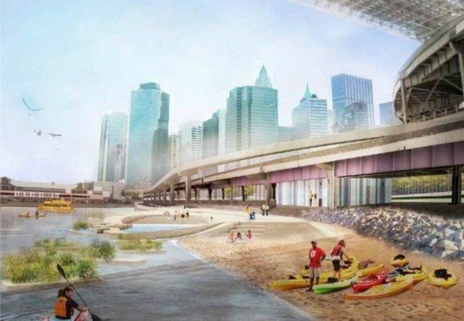 Brooklyn beach, brooklyn bridge beach, east river, east river blueway, storm surge barrier new york, ny storm surge, hurricane sandy, hurricane sandy nyc, green space nyc, East River Blueway Project, east river waterfront, eco design, green design, nyc waterfront, Scott Springer, sustainable design, Waterfront redevelopment, WXY Architecture, urban Design, wxy design, green space nyc, nyc waterfront architecture, resilient architecture