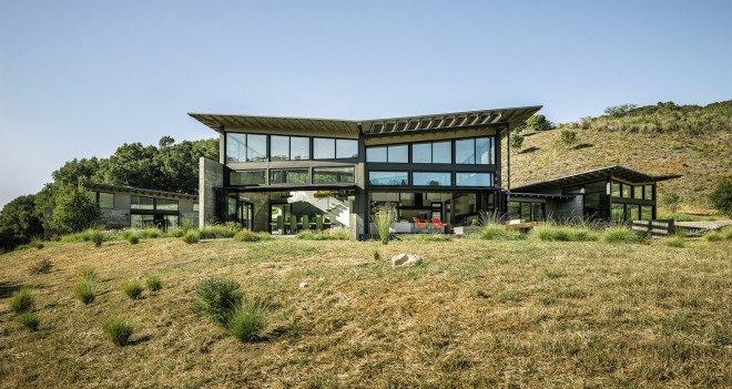 Butterfly House by Feldman Architecture, Santa Lucia Preserve house, eco-friendly butterly house, Butterfly roof architecture, artful rainwater design,