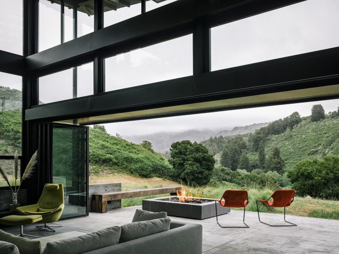Butterfly House by Feldman Architecture, Santa Lucia Preserve house, eco-friendly butterly house, Butterfly roof architecture, artful rainwater design,
