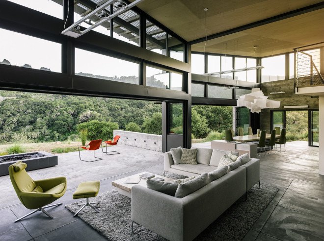 Butterfly House by Feldman Architecture, Santa Lucia Preserve house, eco-friendly butterly house, Butterfly roof architecture, artful rainwater design,