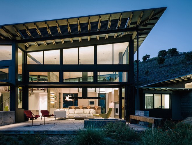 Butterfly House by Feldman Architecture, Santa Lucia Preserve house, eco-friendly butterly house, Butterfly roof architecture, artful rainwater design,