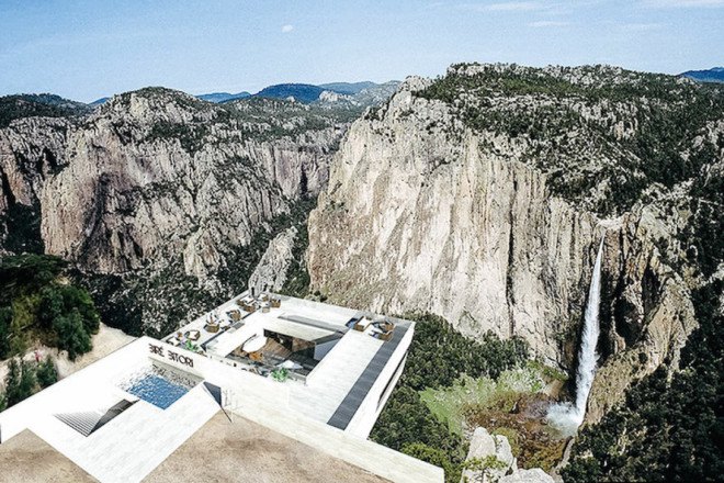 mexico, Tall Arquitectos, copper canyon cocktail bar, basaseachic falls, glass floor, glass-tiled floor, see-through floor, swimming pool