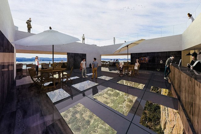 mexico, Tall Arquitectos, copper canyon cocktail bar, basaseachic falls, glass floor, glass-tiled floor, see-through floor, swimming pool